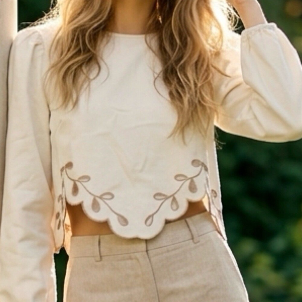 The Greii Blouse Womens L Ivory Cropped Puff Sleeve Scalloped Hem